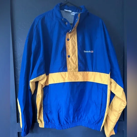Vintage British Reebok Jacket Mens L Blue Yellow Pullover Union Jack Logo 90's - Picture 1 of 6
